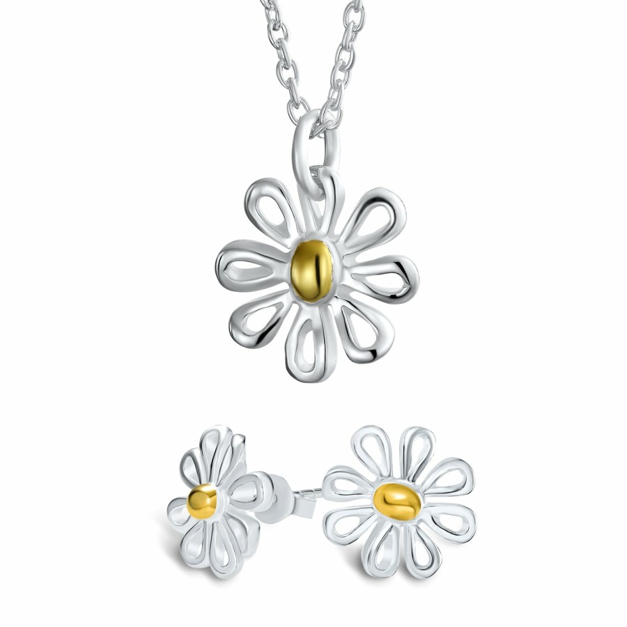 Shop Women Bling Jewelry Unique Bracelets | 2-Tone Sunflower Daisy Jewelry Flower Earrings Bracelet Pendant Silver