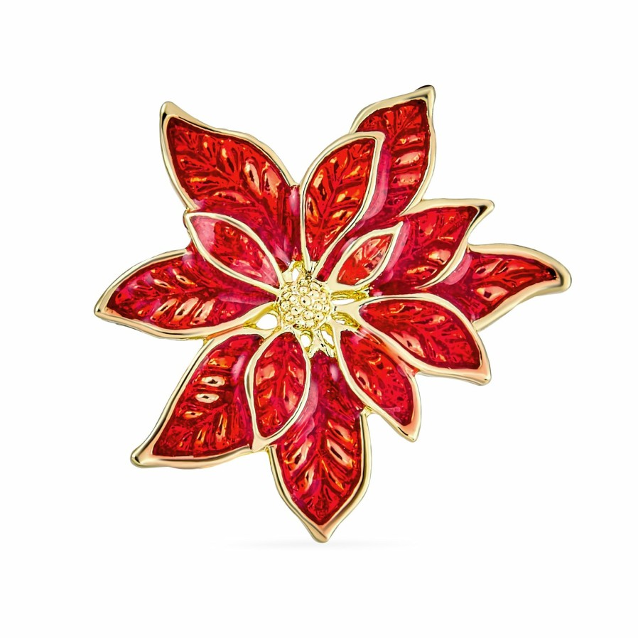 Shop Women Bling Jewelry Jewelry Sets | Large Enamel Flower Poinsettia Brooch Pin Clip On Earrings Jewelry Set