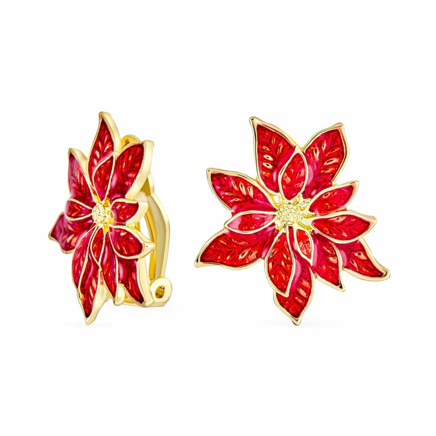 Shop Women Bling Jewelry Jewelry Sets | Large Enamel Flower Poinsettia Brooch Pin Clip On Earrings Jewelry Set