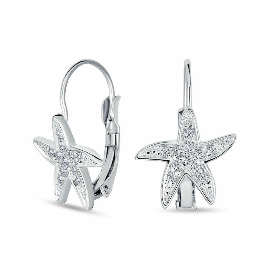 Shop Women Bling Jewelry Dangle Drop Earrings | Nautical Cubic Zirconia Pave Cz Lever Back Starfish Drop Earrings