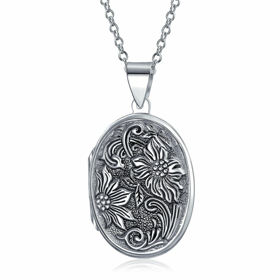 Shop Women Bling Jewelry Lockets | Sun Flower Photo Round Oval Locket Hold Pictures .925 Silver Necklace