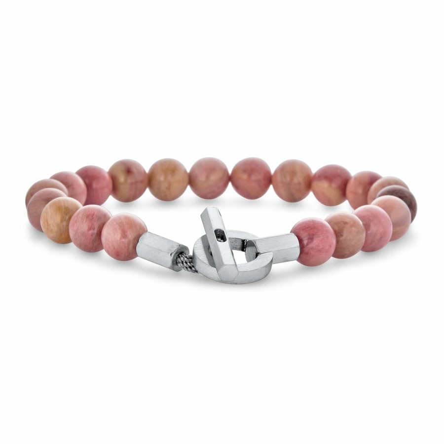 Shop Women Bling Jewelry Wrap Stretch Bracelets | Large Silver Toggle Clasp Pink Gemstone Stackable Bead Bracelet 7.5"