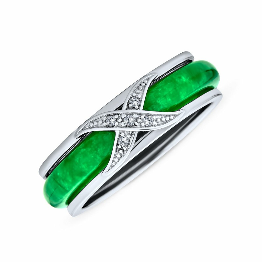 Shop Women Bling Jewelry Unique Rings | Cz Criss Cross X Kiss Dyed Green Jade Band Ring .925 Sterling Silver