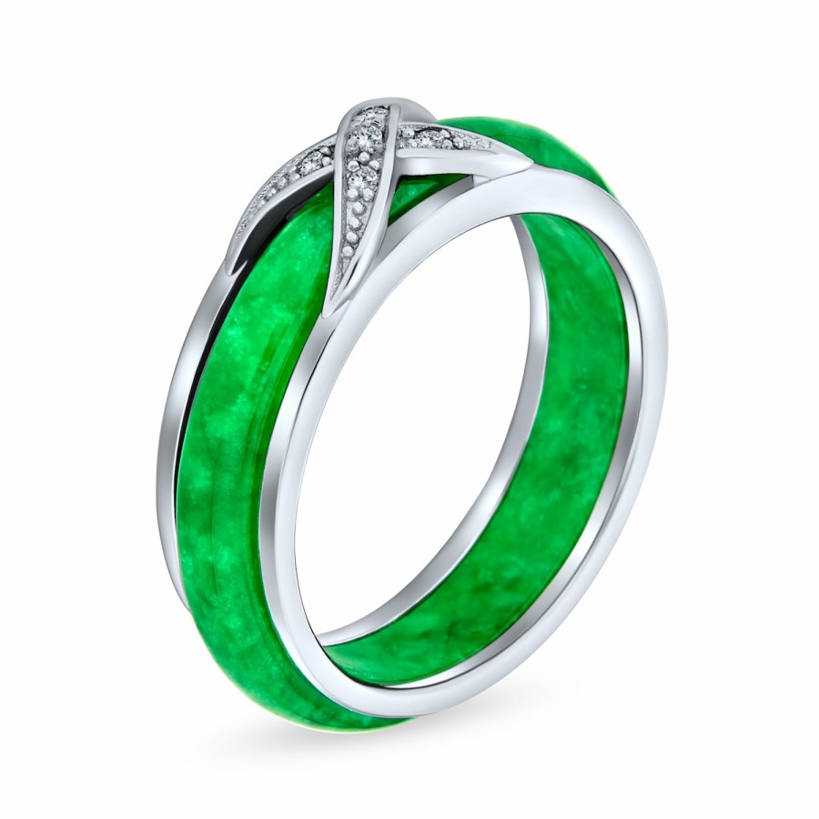 Shop Women Bling Jewelry Unique Rings | Cz Criss Cross X Kiss Dyed Green Jade Band Ring .925 Sterling Silver