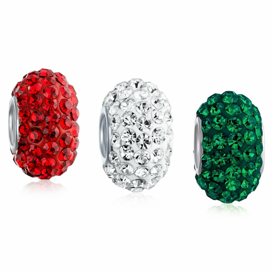 Shop Women Bling Jewelry Christmas Charms Beads | Christmas Red White Green Crystal Holiday Beads Charms Set .925 Silver