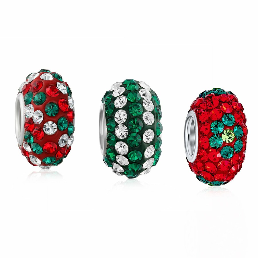 Shop Women Bling Jewelry Christmas Charms Beads | Christmas Red White Green Crystal Holiday Beads Charms Set .925 Silver