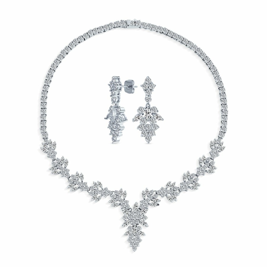 Shop Women Bling Jewelry Statement Necklaces | Bridal Vintage Art Deco Cz Statement Teardrop Necklace & Earrings Jewelry Set