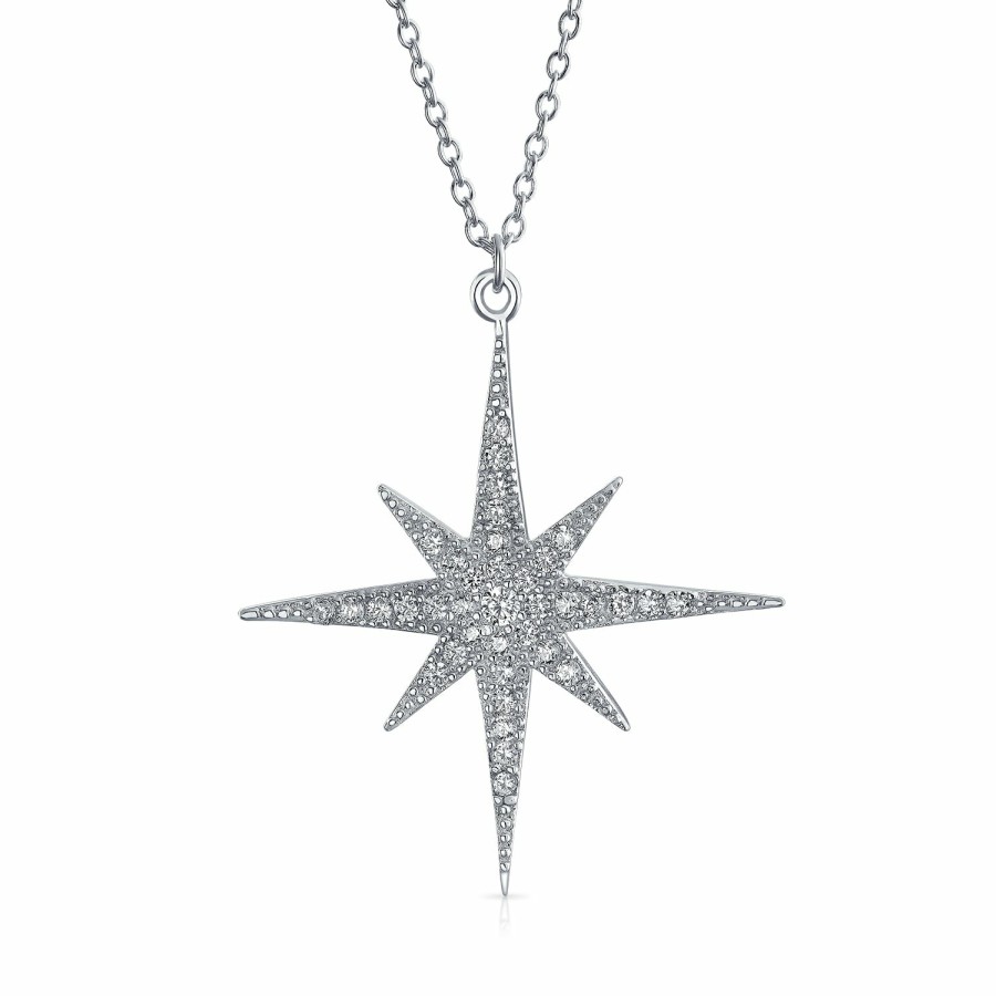 Shop Women Bling Jewelry Stud Earrings | Celestial 8-Point North Star Burst Pendant Necklace With Cz In Sterling