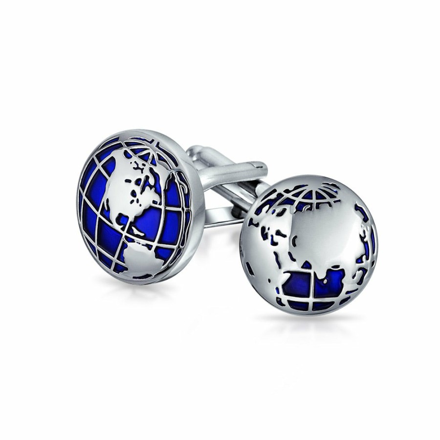 Shop Men Bling Jewelry Cufflinks | Globe World Map Blue Round Cufflinks Shirt Cufflinks Silver Tone Steel