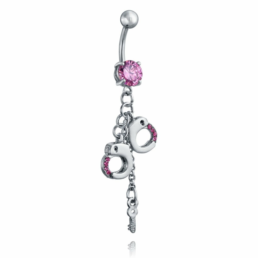 Shop Women Bling Jewelry Belly Rings | Handcuffs Key Cz Crystal Dangle Navel Belly Ring Surgical Steel