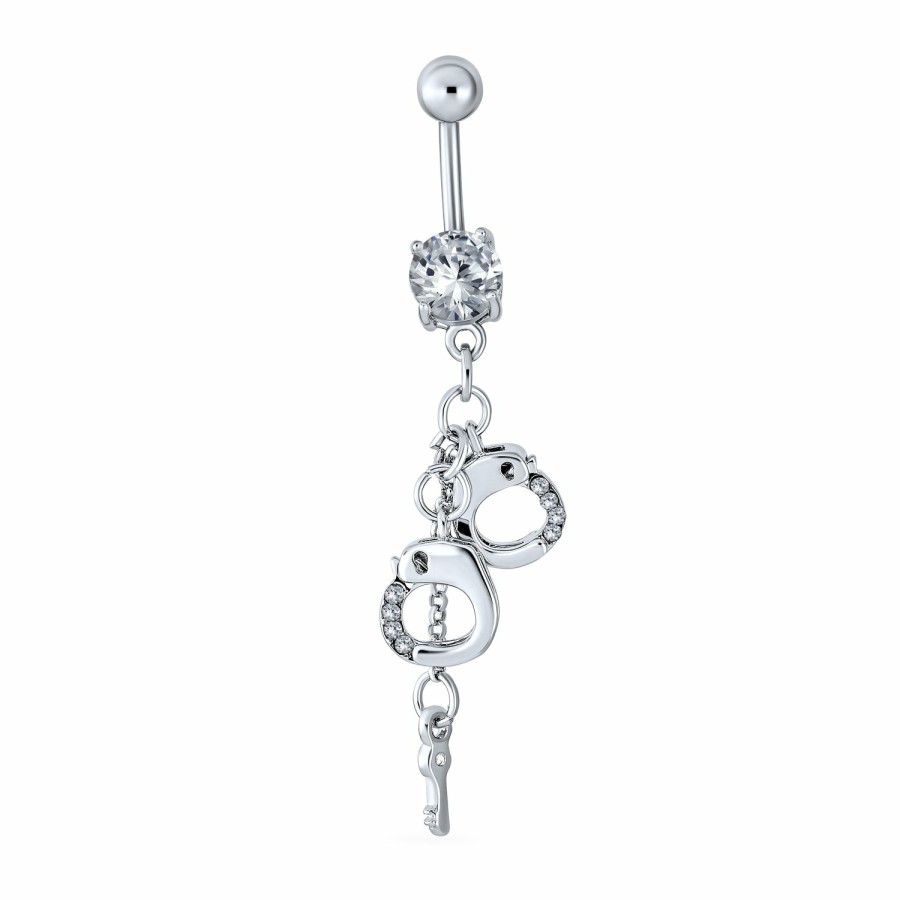 Shop Women Bling Jewelry Belly Rings | Handcuffs Key Cz Crystal Dangle Navel Belly Ring Surgical Steel