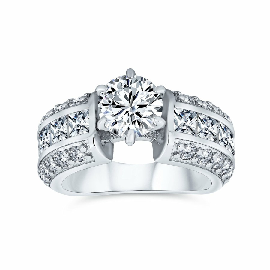 Shop Women Bling Jewelry Engagement Rings | 2Ct Aaa Cz Solitaire Engagement Ring Wide 3 Row Band Sterling Silver