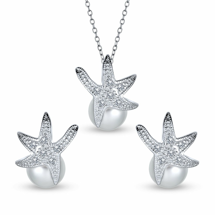 Shop Women Bling Jewelry Pendant Necklaces | Beach Bridal Cz Starfish Pearl Pendant Earrings Jewelry Set .925 Sterling Silver