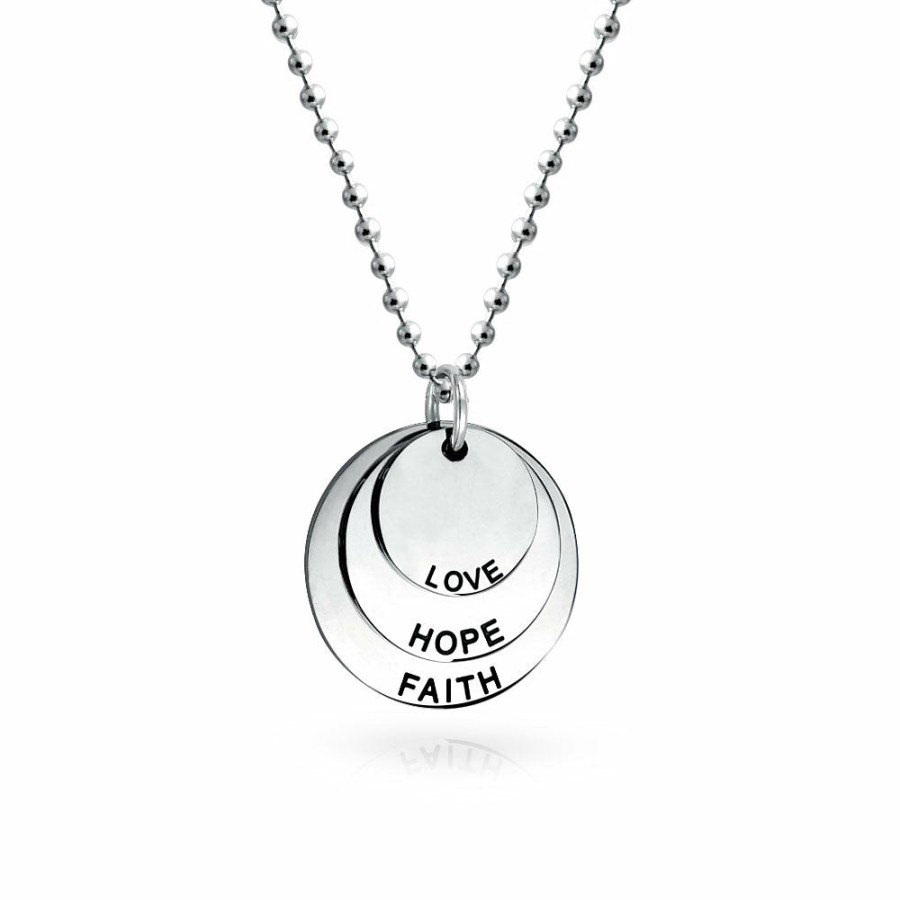 Shop Women Bling Jewelry Engravable Necklaces | Faith Hope Love Dog Tag Circle Disc Pendant Necklace Stainless Steel Silver Tone