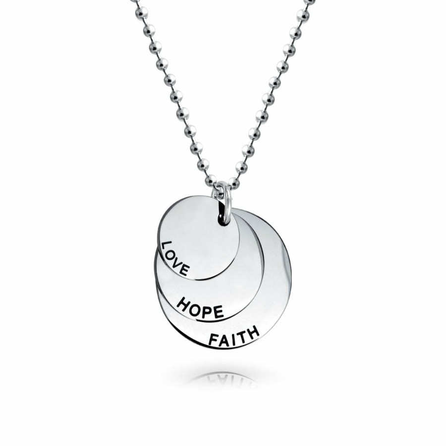 Shop Women Bling Jewelry Engravable Necklaces | Faith Hope Love Dog Tag Circle Disc Pendant Necklace Stainless Steel Silver Tone