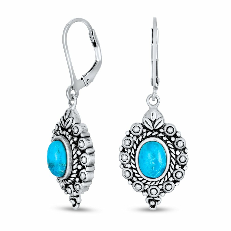 Shop Women Bling Jewelry Dangle Drop Earrings | Vintage Oval Filigree Blue Turquoise Drop Western Earrings .925 Silver