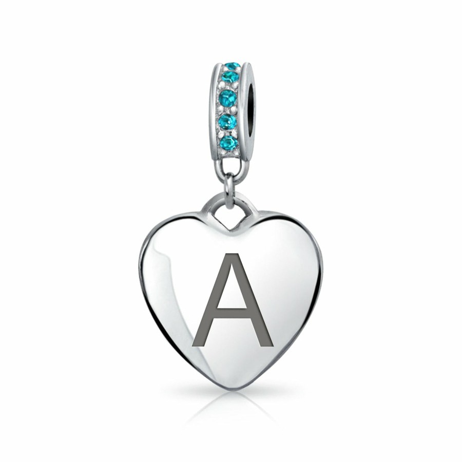 Shop Women Bling Jewelry Birthstone Beads | Heart Dangle Bead Charm Crystal Aqua Blue March .925 Sterling Silver