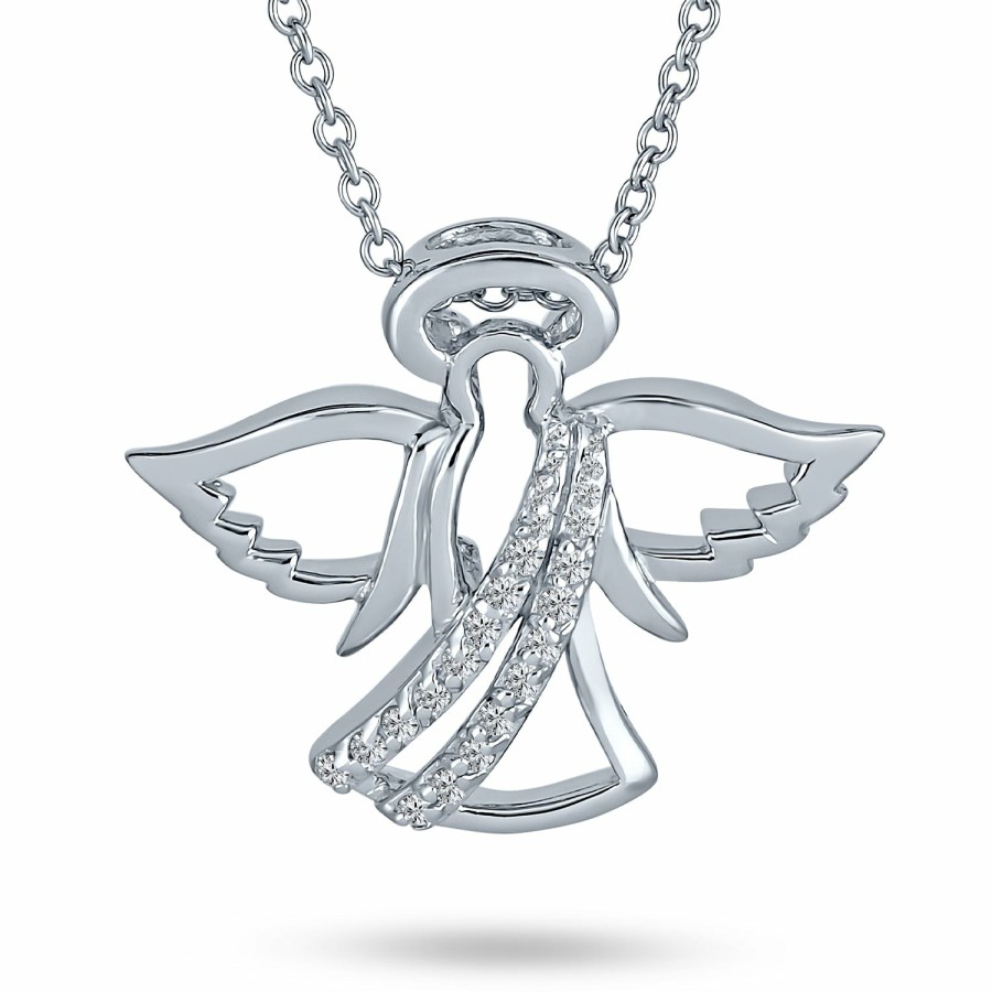 Shop Women Bling Jewelry Pendant Necklaces | Guardian Angel Protector Pave Cz .925 Sterling Silver Pendant Necklace