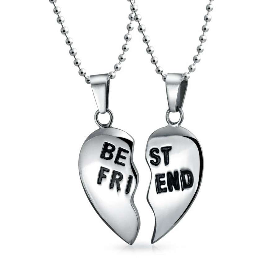 Shop Women Bling Jewelry Engravable Necklaces | Best Friend Split Broken Heart Break Apart Stainless Steel Necklace Silver Tone