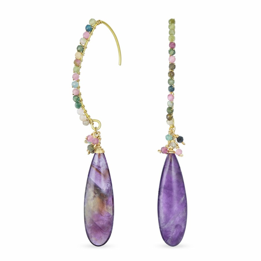 Shop Women Bling Jewelry Dangle Drop Earrings | Boho Gemstone Cluster Bead Long Teardrop Dangle Earrings Gold Plated