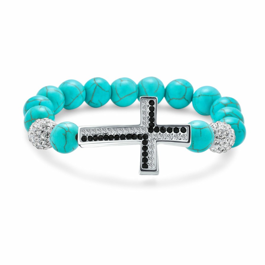 Shop Women Bling Jewelry Wrap Stretch Bracelets | Sideways Cross Diagonal Onyx Turquoise Crystal Bracelet Silver Plated