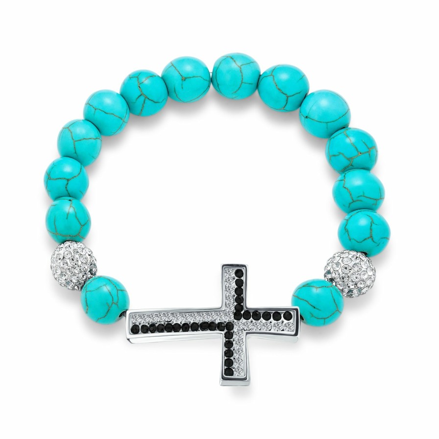 Shop Women Bling Jewelry Wrap Stretch Bracelets | Sideways Cross Diagonal Onyx Turquoise Crystal Bracelet Silver Plated