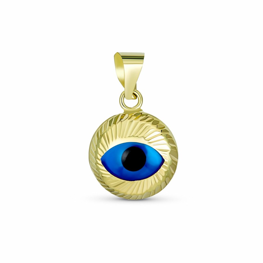 Shop Women Bling Jewelry Engravable Necklaces | 14K Yellow Real Evil Eye Charm Spiritual Pendant Gold