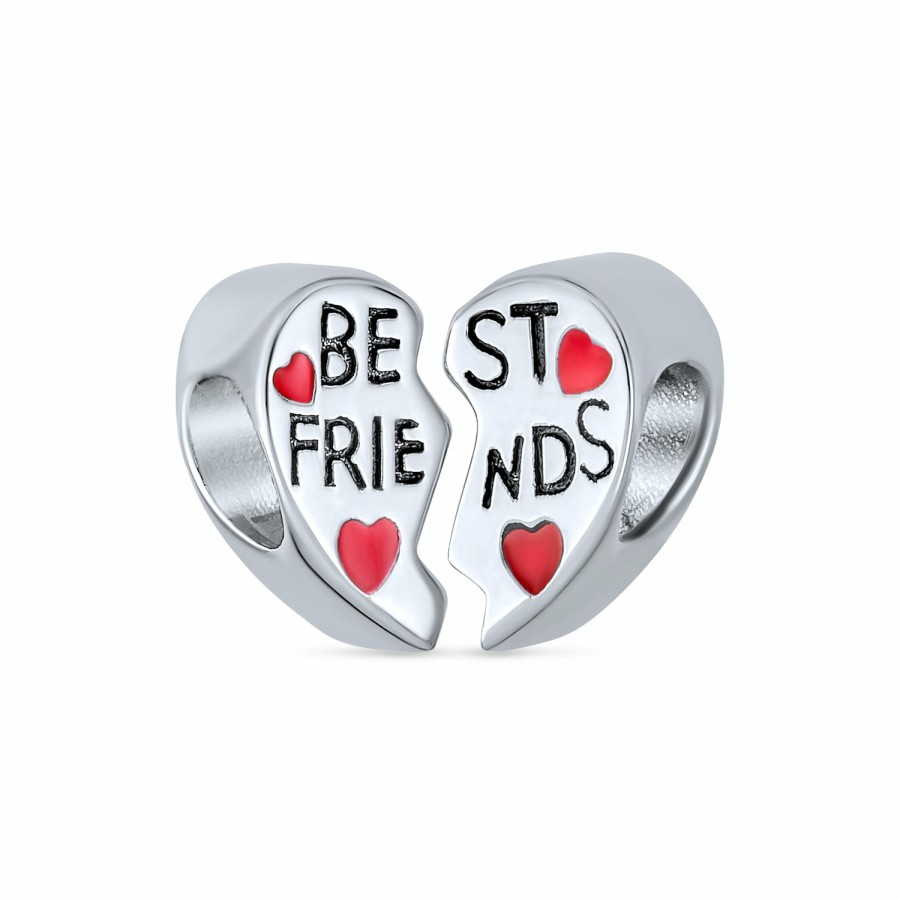 Shop Women Bling Jewelry Flower Beads | Words Best Friends, Sis, Bff Sister Split Heart Charm Bead .925 Silver