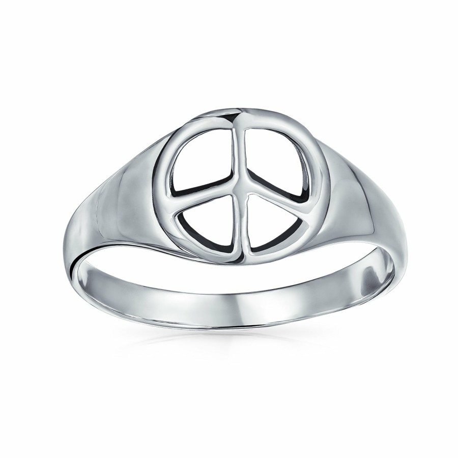 Shop Women Bling Jewelry Engravable Rings | .925 Sterling Wide Open Symbol World Peace Sign Signet Ring Silver