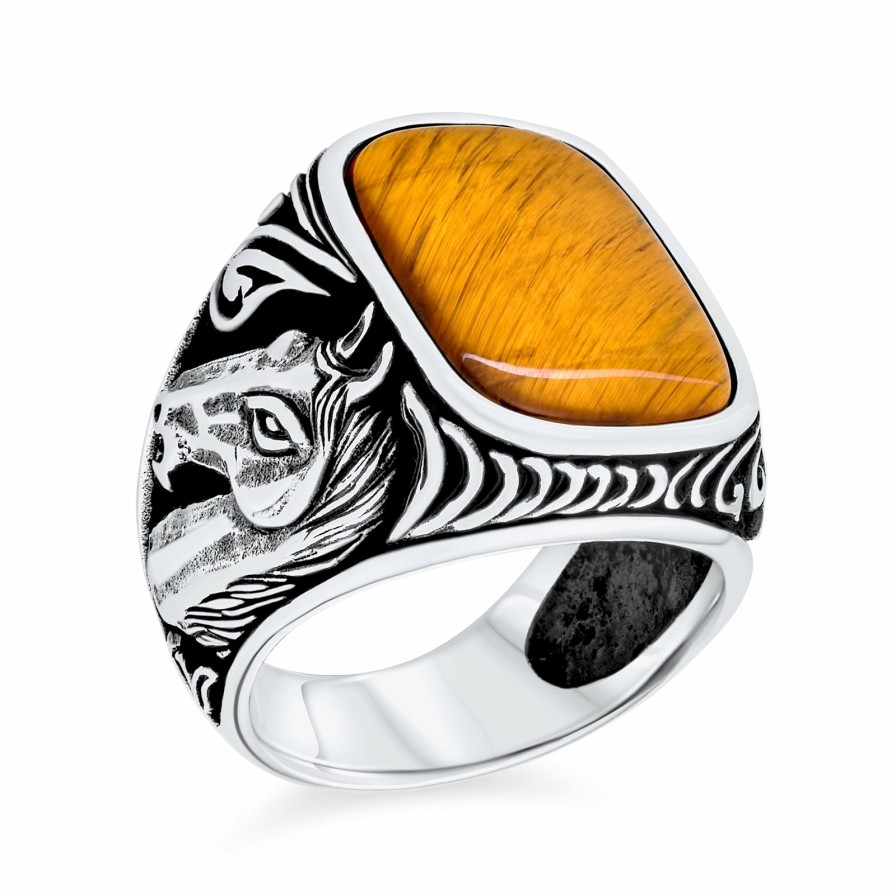 Shop Men Bling Jewelry Mens Rings | Western Mens Onyx Tiger Eye Equestrian Stallion Horse Ring .925 Silver