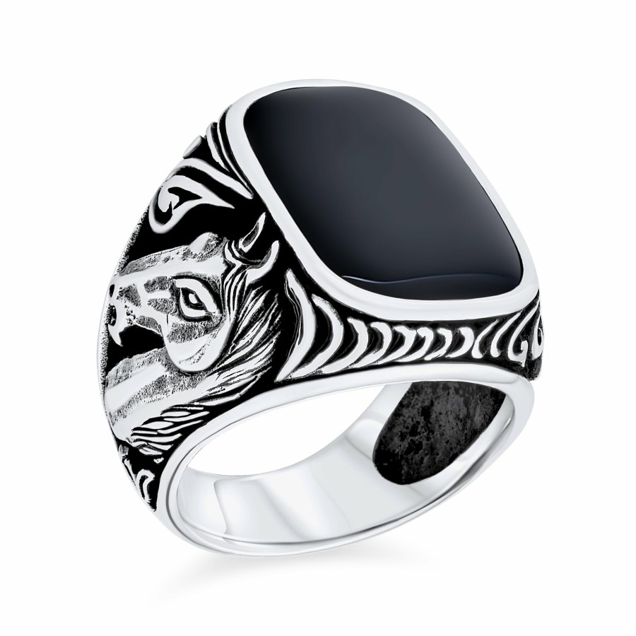 Shop Men Bling Jewelry Mens Rings | Western Mens Onyx Tiger Eye Equestrian Stallion Horse Ring .925 Silver