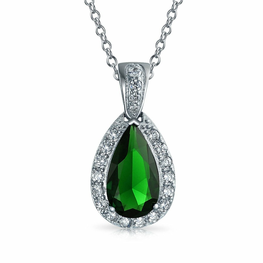 Shop Women Bling Jewelry Pendant Necklaces | Traditional Bridal Aaa Cz Halo Simulated Gemstone Teardrop Pendant Necklace