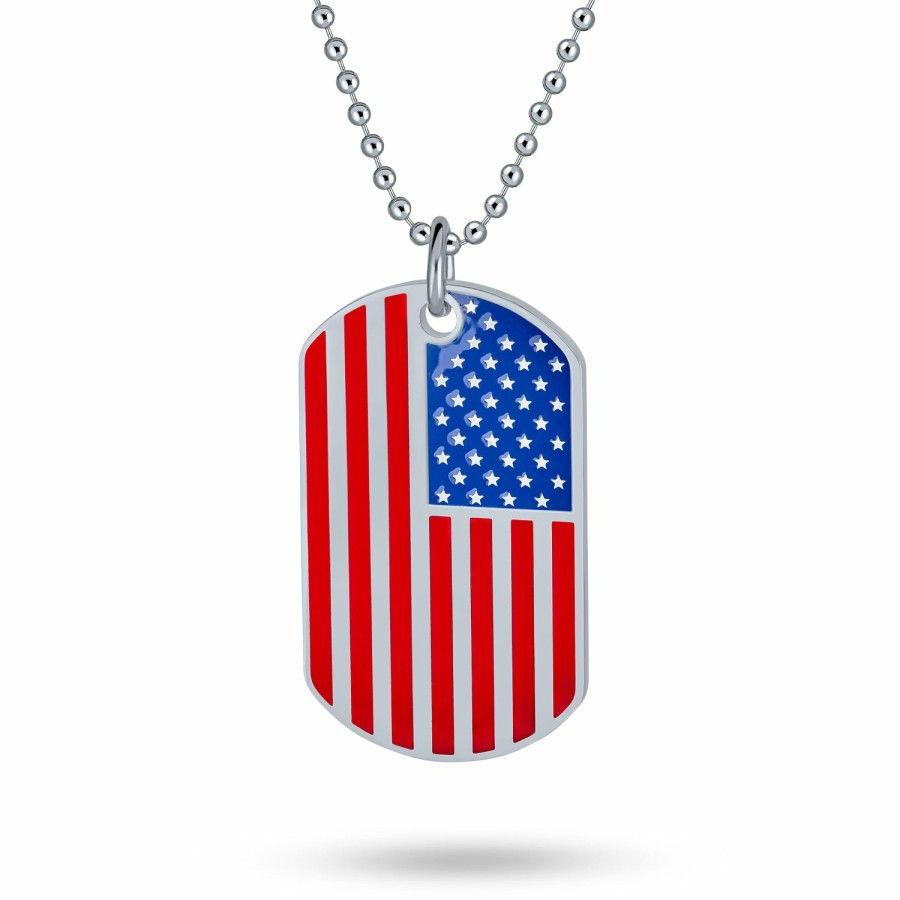 Shop Women Bling Jewelry Pendant Necklaces | Patriotic Usa American Dog Tag Pendant Necklace Stars Stripes Red Blue Silver Tone