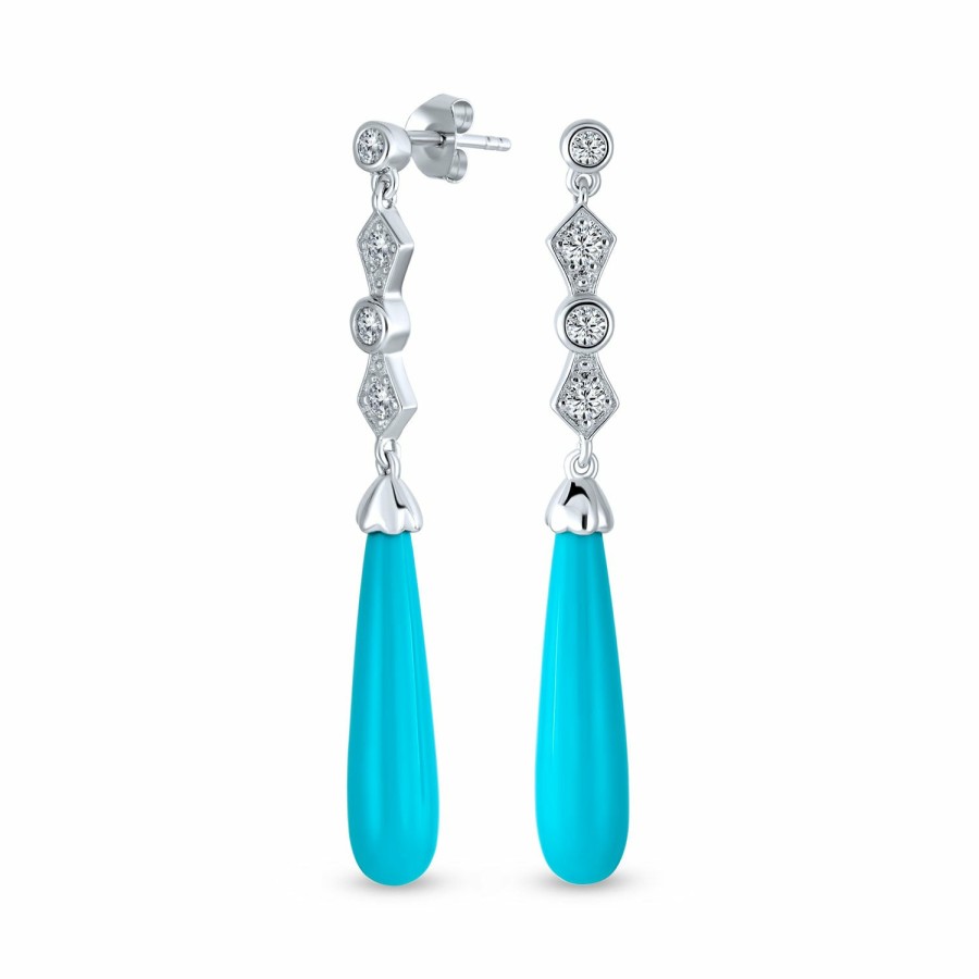 Shop Women Bling Jewelry Dangle Drop Earrings | Long Cz Blue Turquoise Teardrop Chandelier Western Earrings .925 Silver