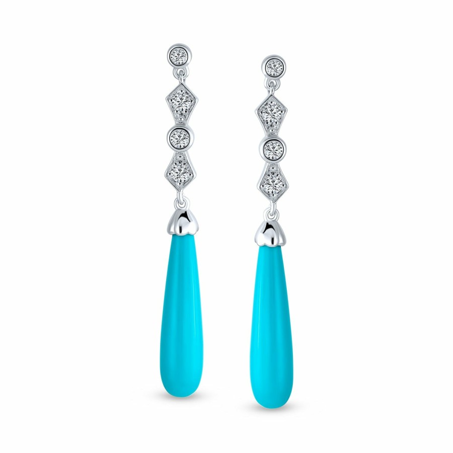 Shop Women Bling Jewelry Dangle Drop Earrings | Long Cz Blue Turquoise Teardrop Chandelier Western Earrings .925 Silver