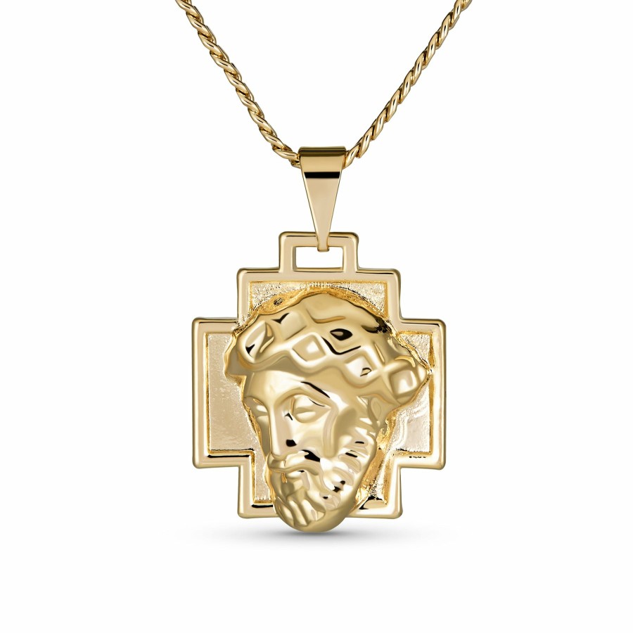 Shop Men Bling Jewelry Mens Engravable Necklaces | Religious Metal Dog Tag Cross Jesus Christ Head Necklace Pendant Plated