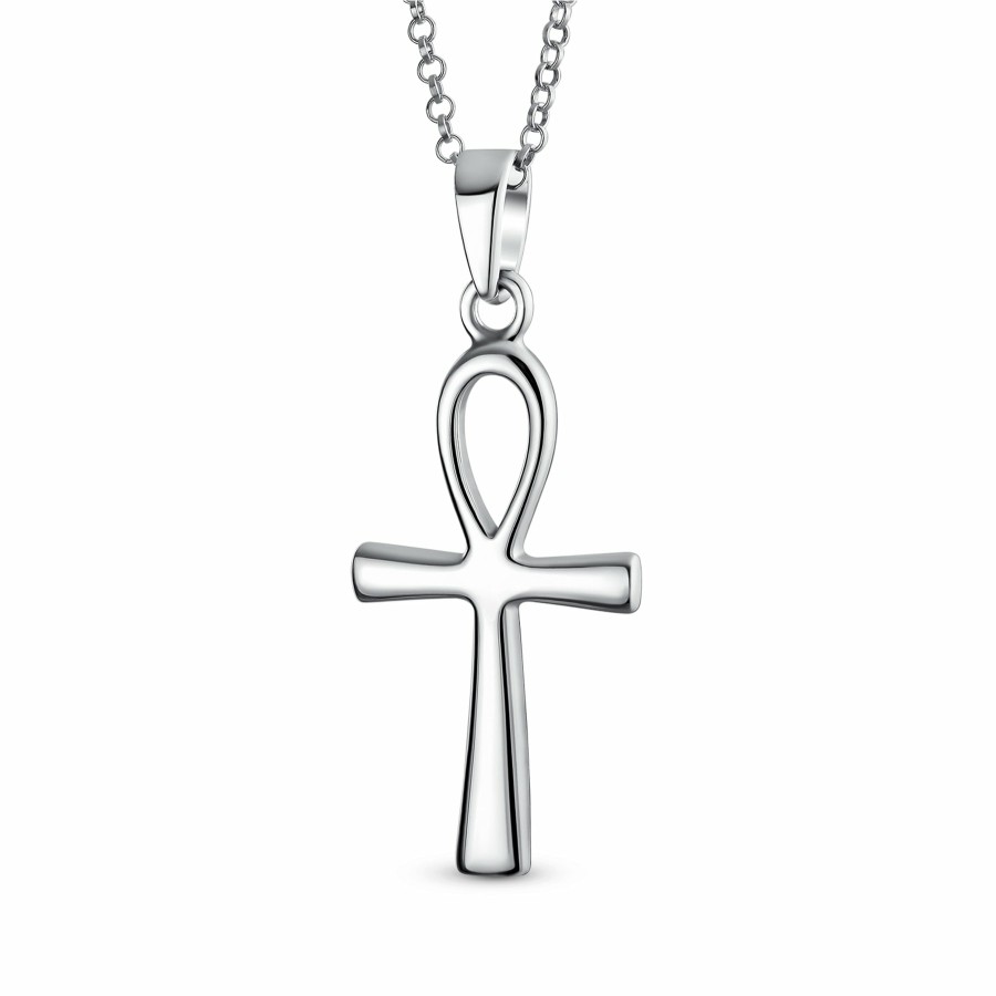 Shop Women Bling Jewelry Pendant Necklaces | Simple Egyptian Hieroglyphs Ankh Cross Pendant .925 Necklace 4 Sizes