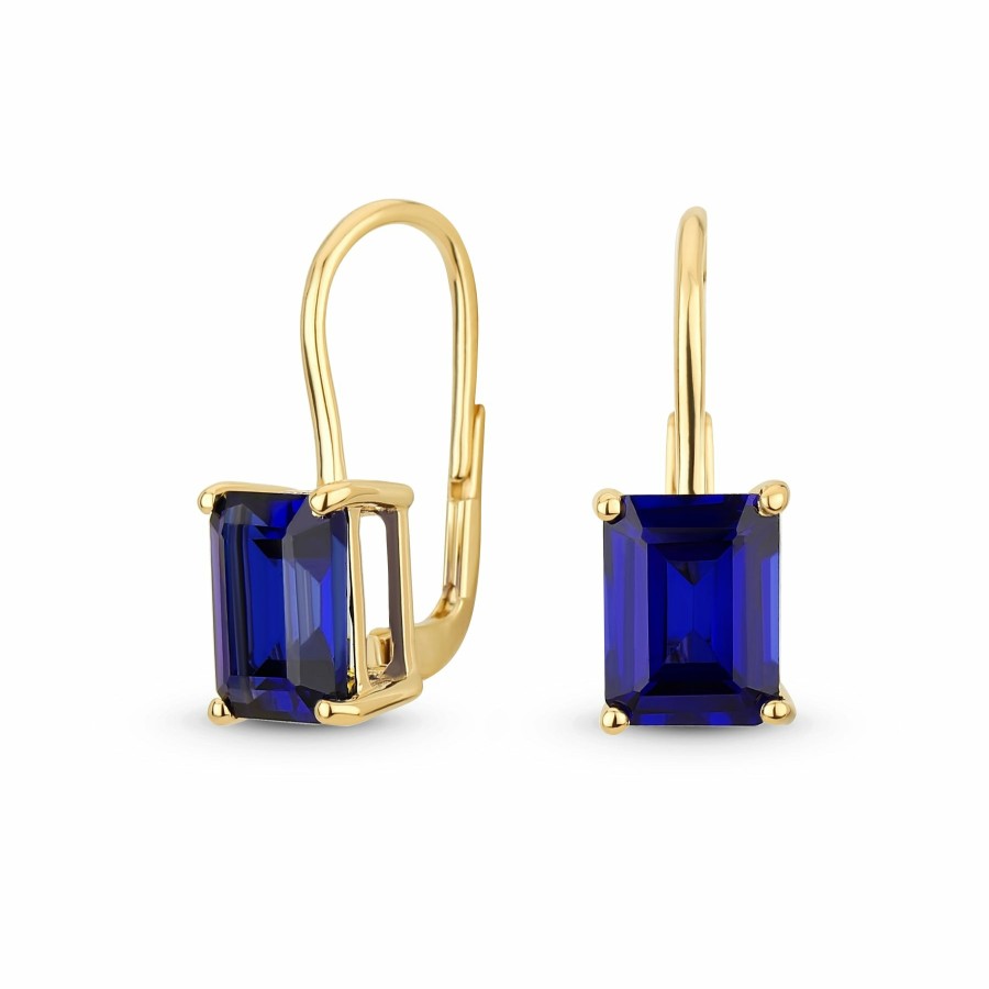 Shop Women Bling Jewelry Dangle Drop Earrings | Topaz Created Sapphire Emerald Cut Drop Earrings Gold Plated .925 Silver