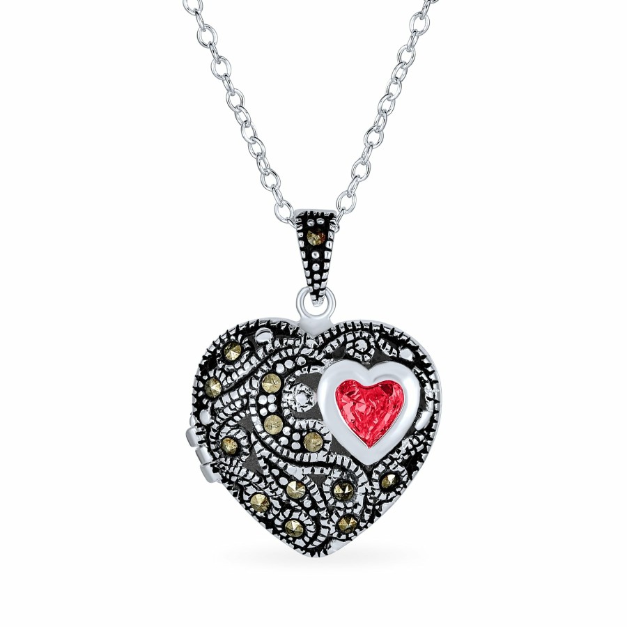 Shop Women Bling Jewelry Lockets | Marcasite Garnet Vintage Butterfly Heart Locket .925 Silver