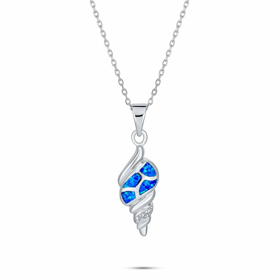 Shop Women Bling Jewelry Pendant Necklaces | Blue Created Opal Conch Sea Shell Necklace Pendant .925 Sterling Silver