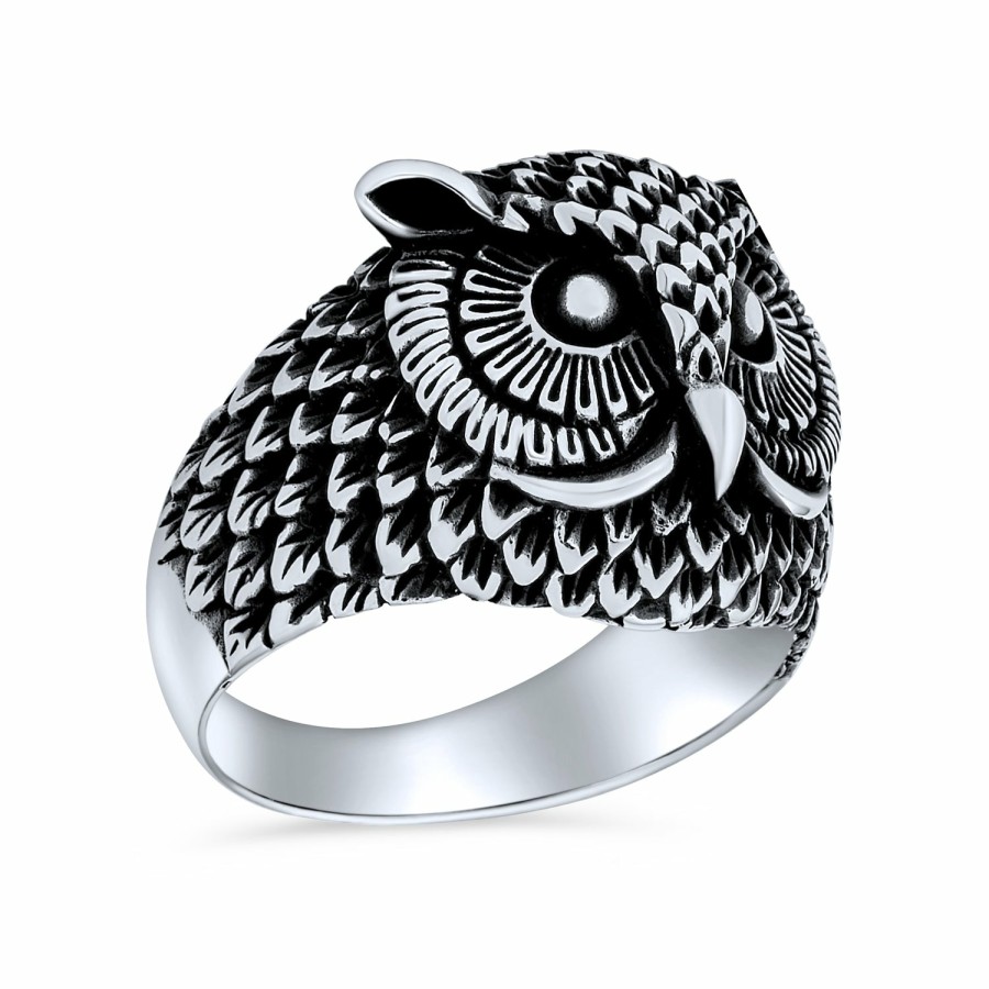 Shop Women Bling Jewelry Engravable Rings | Unisex Protection Wise Owl Bird Band Ring Oxidized .925 Sterling