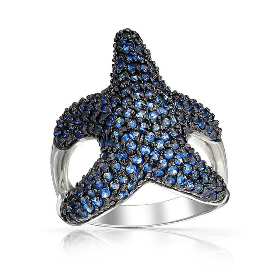 Shop Women Bling Jewelry Engravable Rings | Pave Navy Blue Cz Large Starfish Ring Pave Black Silver Plated Brass