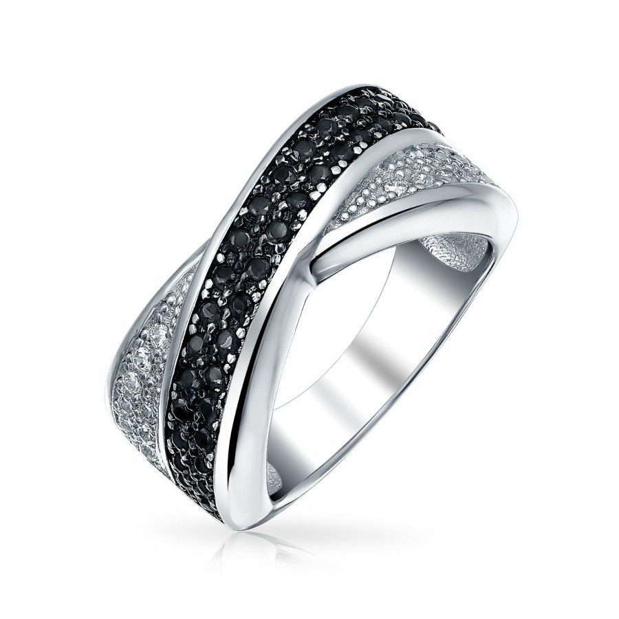 Shop Women Bling Jewelry Unique Rings | Two Tone Black White Cz Criss-Cross X Band Ring .925 Sterling Silver