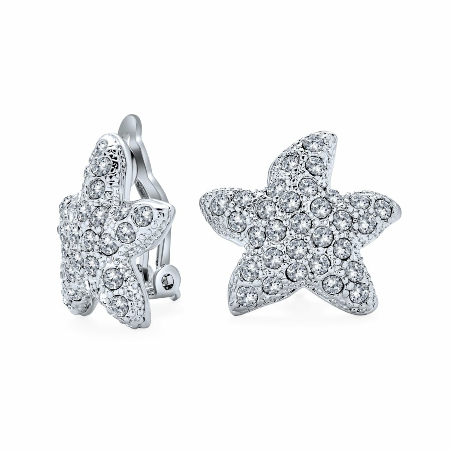 Shop Women Bling Jewelry Clip On Earrings | Pave Crystal Starfish Clip On Earrings Non Pierced Ears Silver Plated