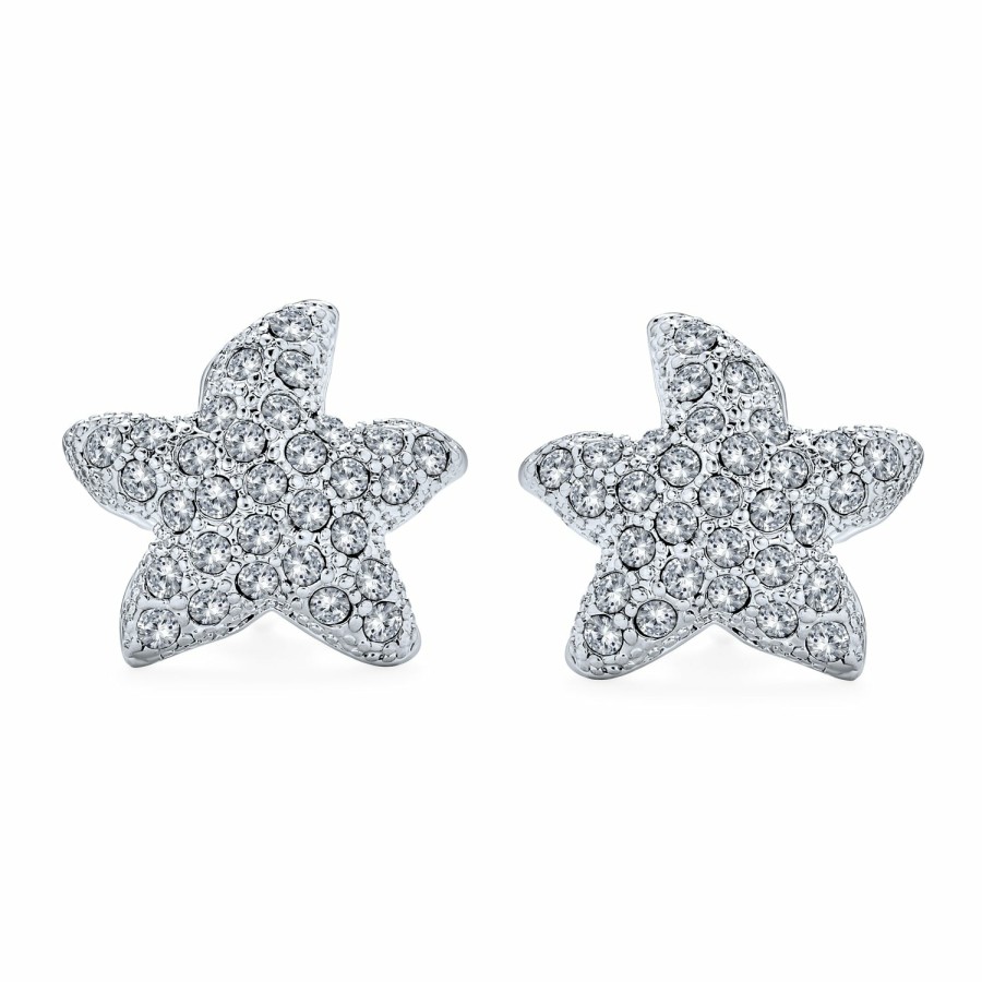 Shop Women Bling Jewelry Clip On Earrings | Pave Crystal Starfish Clip On Earrings Non Pierced Ears Silver Plated