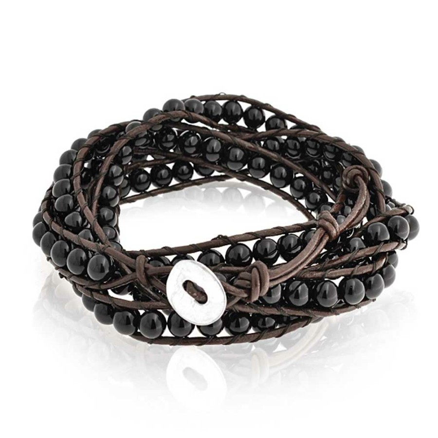 Shop Women Bling Jewelry Wrap Stretch Bracelets | Black Onyx Bead Genuine Tiger Eye Brown Leather Multi Strand Bracelet