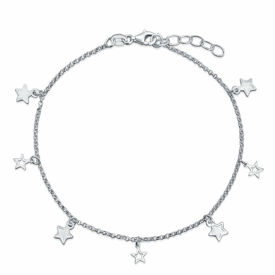 Shop Women Bling Jewelry Ankle Bracelets | Patriotic Multi Star Dangle Rolo Chain Anklet Charm Sterling