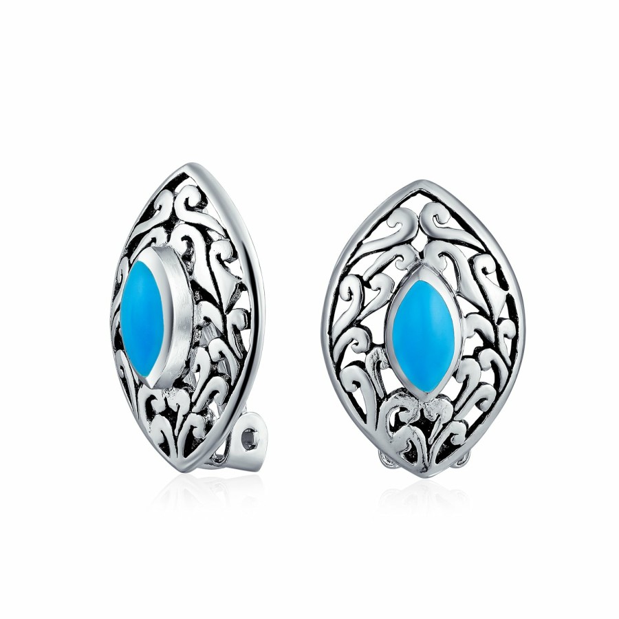 Shop Women Bling Jewelry Clip On Earrings | Filigree Marquise Turquoise Fan Clip On Western Earrings .925