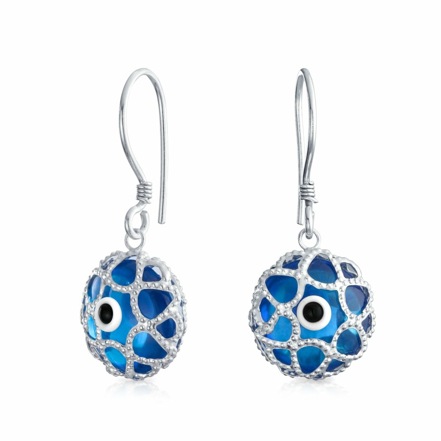 Shop Women Bling Jewelry Dangle Drop Earrings | Blue Evil Eye Spiritual Drop Earrings Murano Glass Sterling Silver