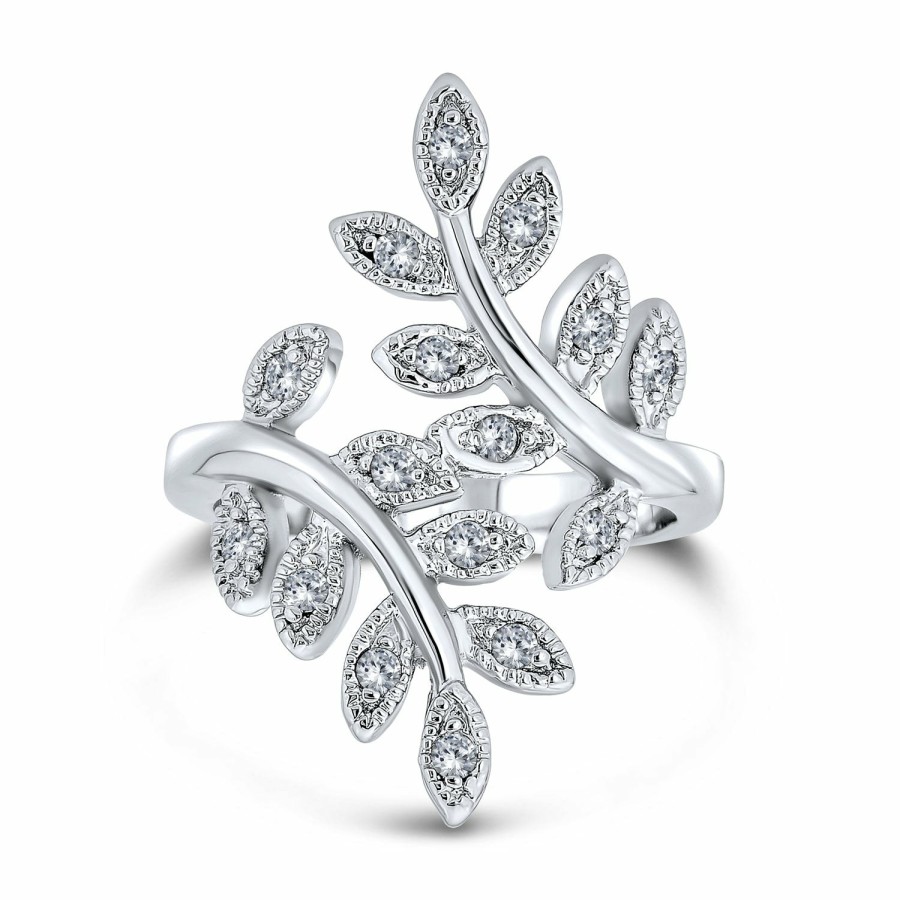 Shop Women Bling Jewelry Unique Rings | Nature Ivy Vine Leaf Ring For Women Pave Cz Bypass Silver Plated Brass